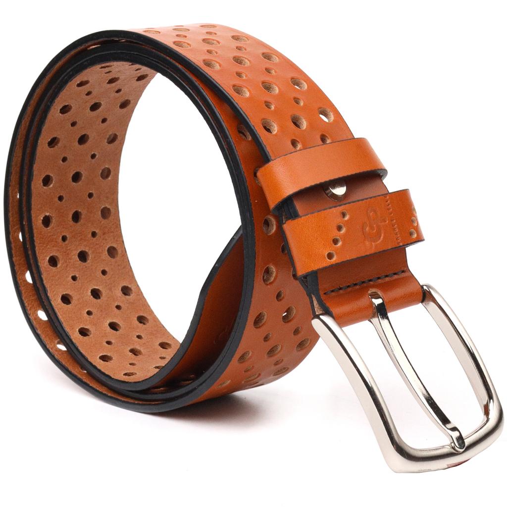 Интересный ремень унисекс с перфорацией из натуральной кожи GRANDE PELLE Leather Belt 21474 Рыжий