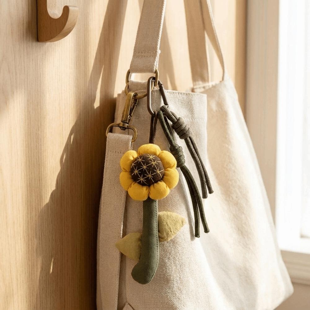 Plush Flower Keychain Fabric Key Pendant Country Style Botanical Keyring Gift for Women