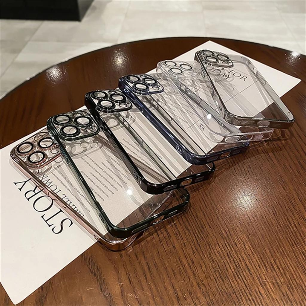 Luxury Plating Clear Silicone Phone Case For iPhone 15 14 13 12 11 Pro Max Plus Lens Protection Soft Case Back Cover Accessories