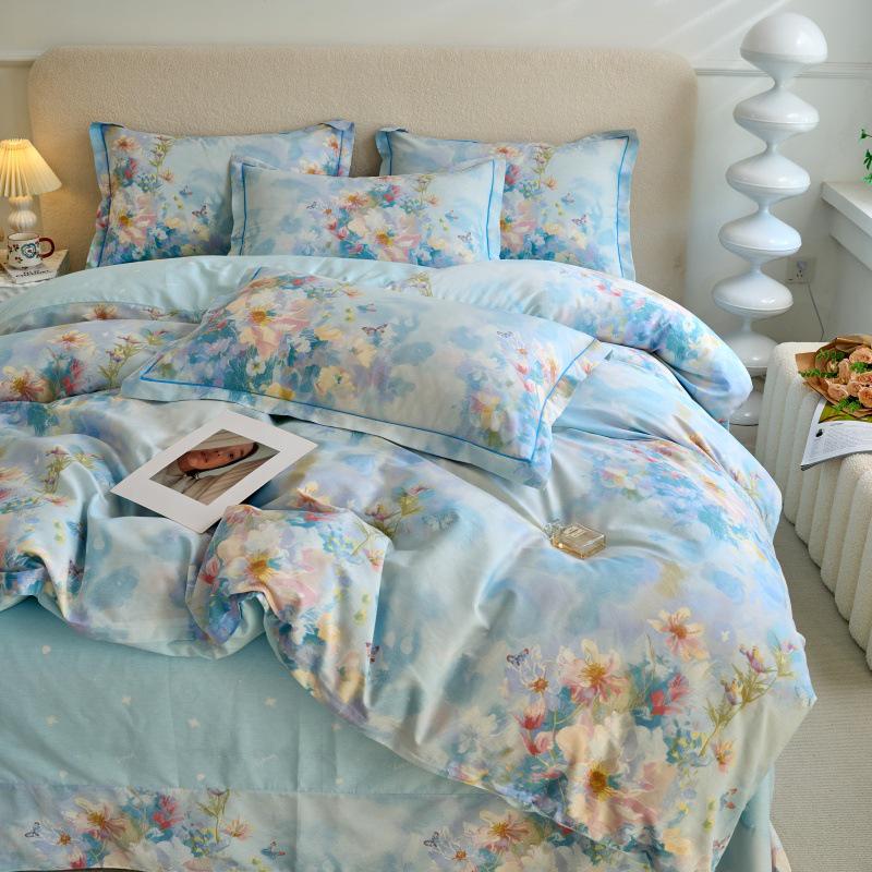 Свежий и простой четырехкомпонентный хлопковый комплект для общежития с принтом – Включает трехкомпонентный полностью хлопковый комплект постельного белья, юбку для кровати и комплект постельного белья.