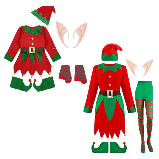 Yousheng 1 комплект костюма рождественского эльфа для детей и женщин, наряд эльфа, красное зеленое платье, шляпа, полосатые чулки, эльфийские уши, обувь, пояс, набор для девочек для рождественских вечеринок