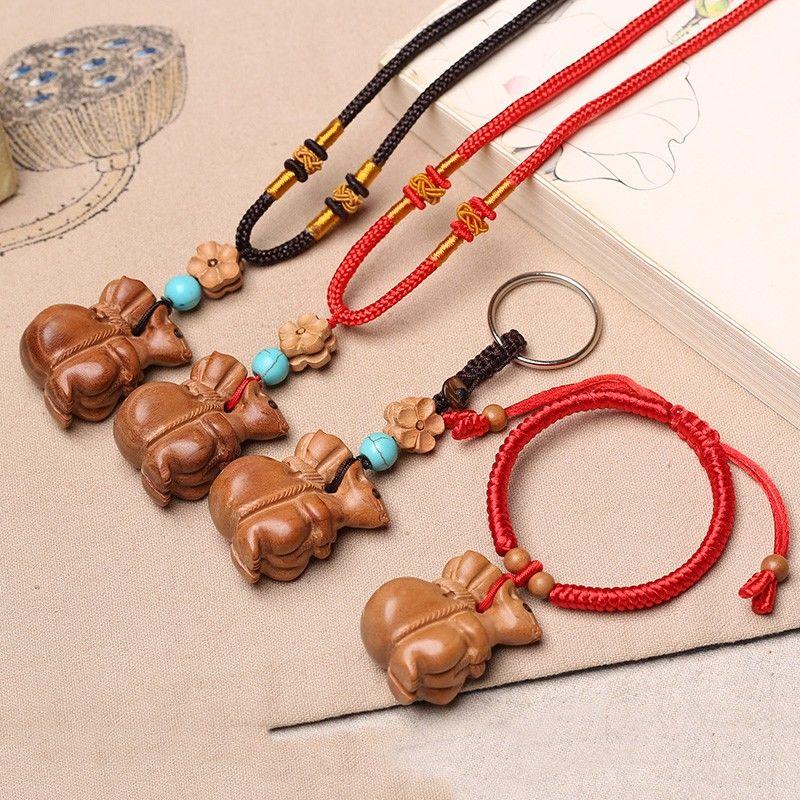 Браслет из резного дерева персика с крысой - Ручная работа, красная нить, украшения для привлечения богатства и удачи, метафизическая защита, ожерелье и подвеска для телефона