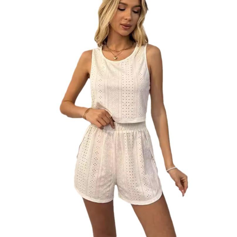 New Summer Women's Pajamas Home Clothes Set Hollow Slit Shorts and Vest Two-piece Set Can Go Out Shorts Set