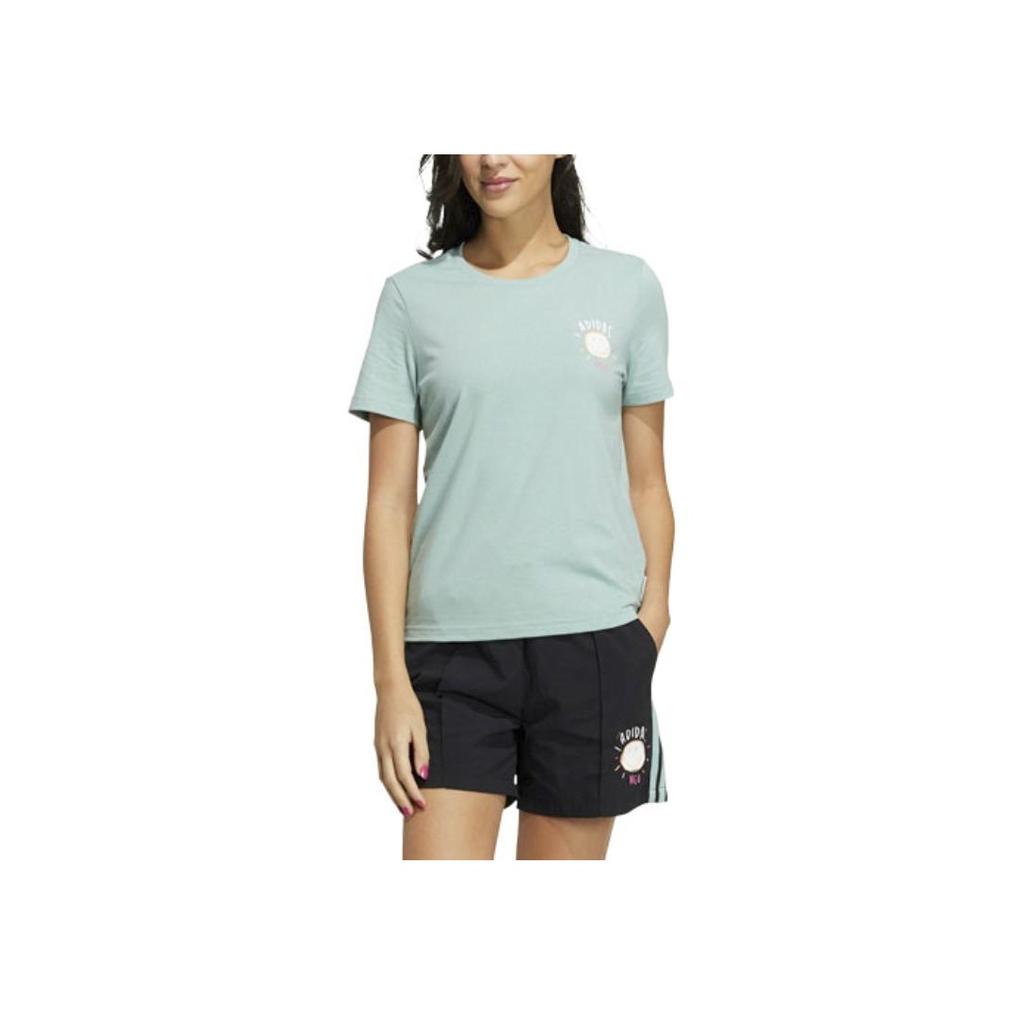adidas Футболка женская спортивная с круглым вырезом и принтом Neo Smiley, зеленая GP5785