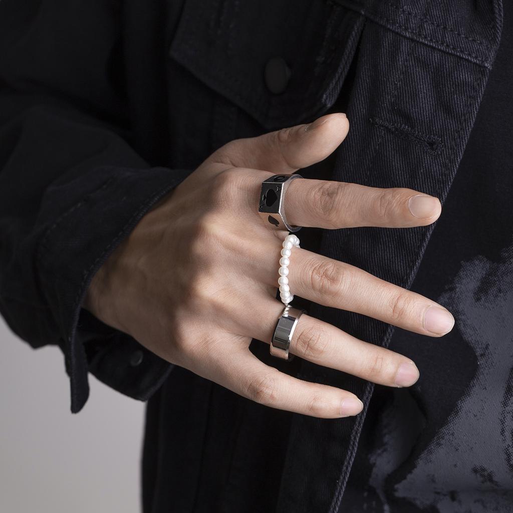 KunJoe 5 шт./комплект Мужские панк-кольца с буквой L, коричневым камнем, винтажные, с полой структурой, геометрическим жемчугом и черными каплями масла.