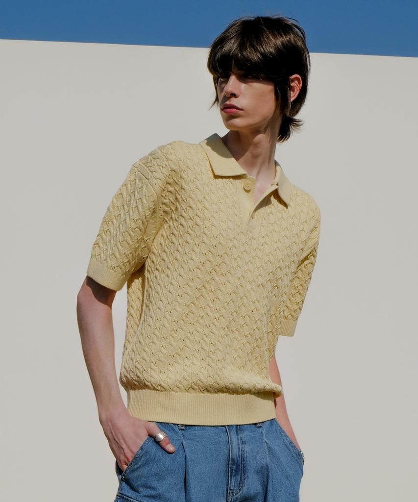 MINAV Strong Cotton Cable Punch Collar Knit [Butter Lemon]