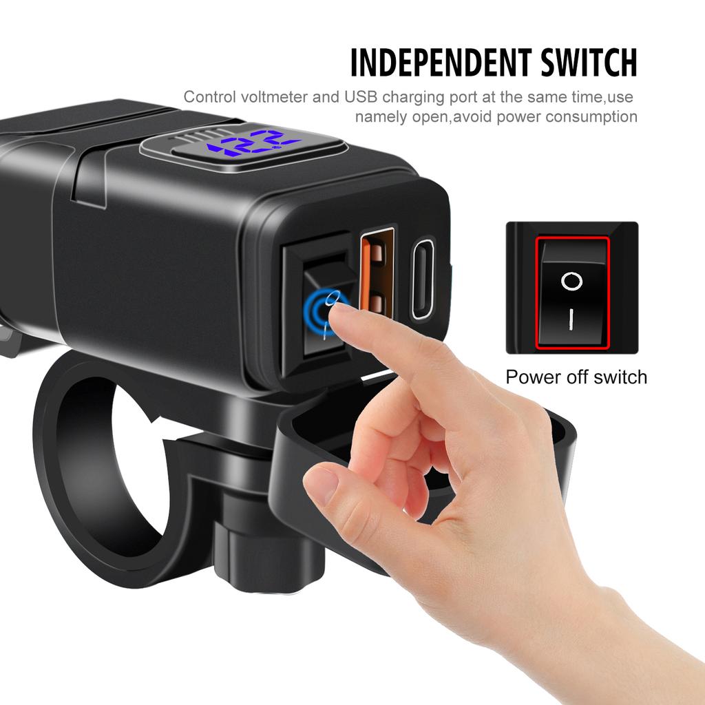 Motorcycle Phone Charger, USB Type C Quick Charge 3.0 Motorcycle USB Charger with Voltmeter ON/Off Switch for Phone Tablet 7/8inch Handlebar