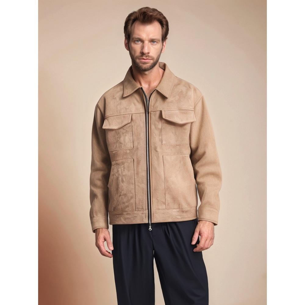 ZYLLO Осенние куртки Оверсайз Повседневная одежда Хай-стрит Карманы Лацкан Молния Замша Толстое пальто Мужская ветровка Свободного кроя