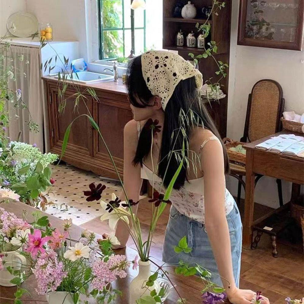 Вязаный крючком платок ручной работы. Шапка. Вязаная повязка на голову. Полотенце. Сладкая треугольная повязка на голову для девочек.