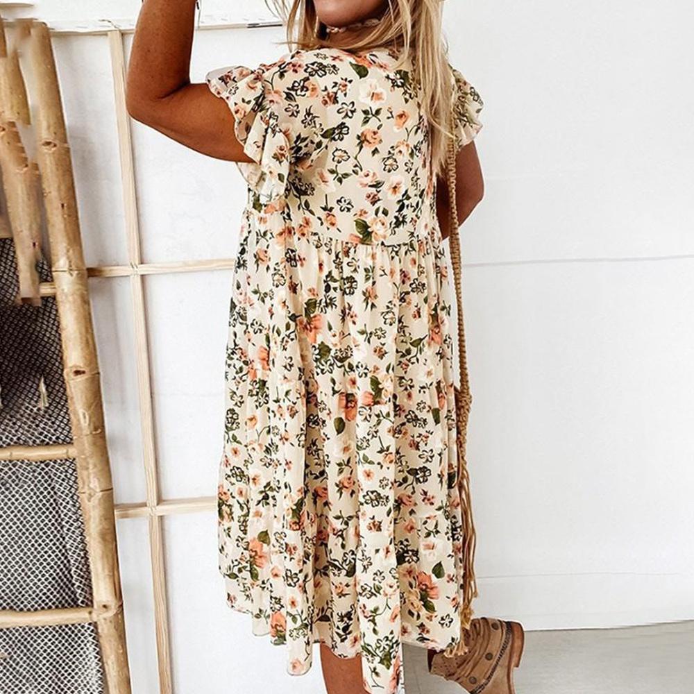 Short Sleeve Summer Dress Women Boho Floral Printed Sundress Beach Holiday Midi Dresses