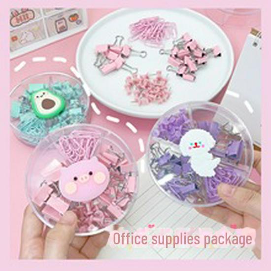 Офисный набор с покрытием из розового золота: 6-секционные зажимы с длинным хвостом, скрепки для бумаги, металлические кнопки, кнопки и место для хранения переплета.