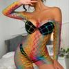Sexy Rainbow Color Net Clothing Wholesale Dress Bodystocking Ploe Dancewear Lingerie