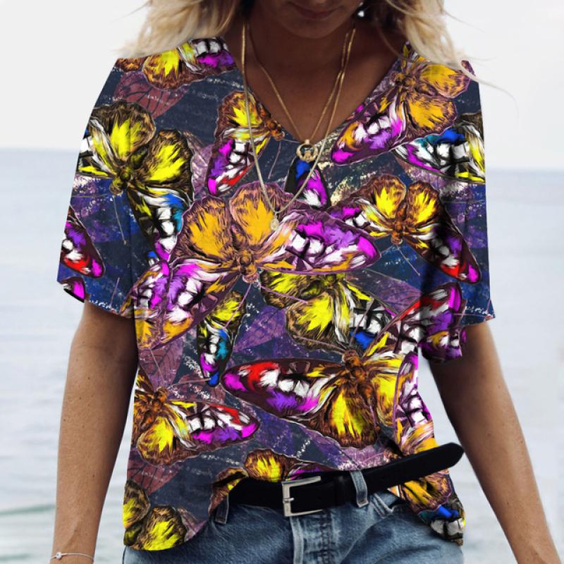 Женские футболки с v-образным вырезом, модные футболки с цветочным рисунком, летние короткие женские топы с принтом, повседневные футболки в стиле Харадзюку 5XL