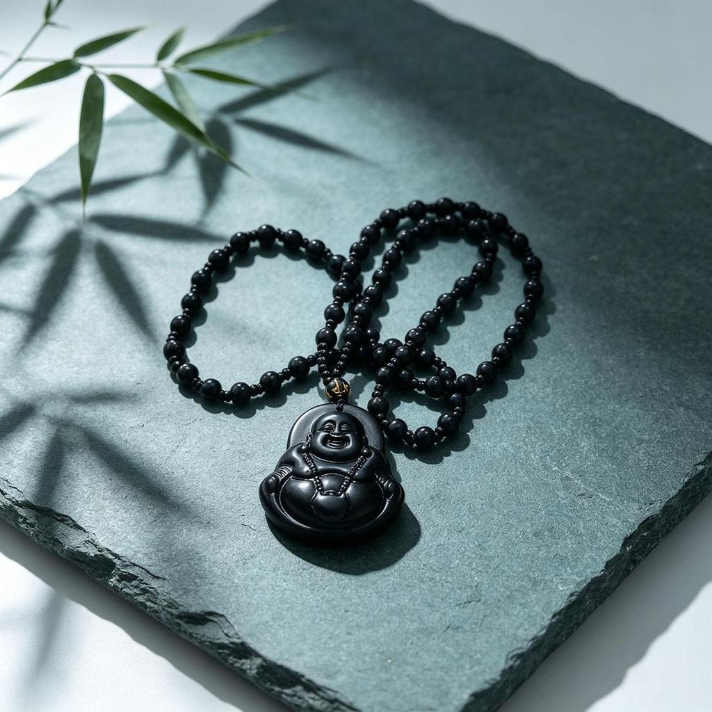 Daily new style black laughing Buddha pendant with beads necklace Buddha amulet men and women couple versatile accessory sweater chain