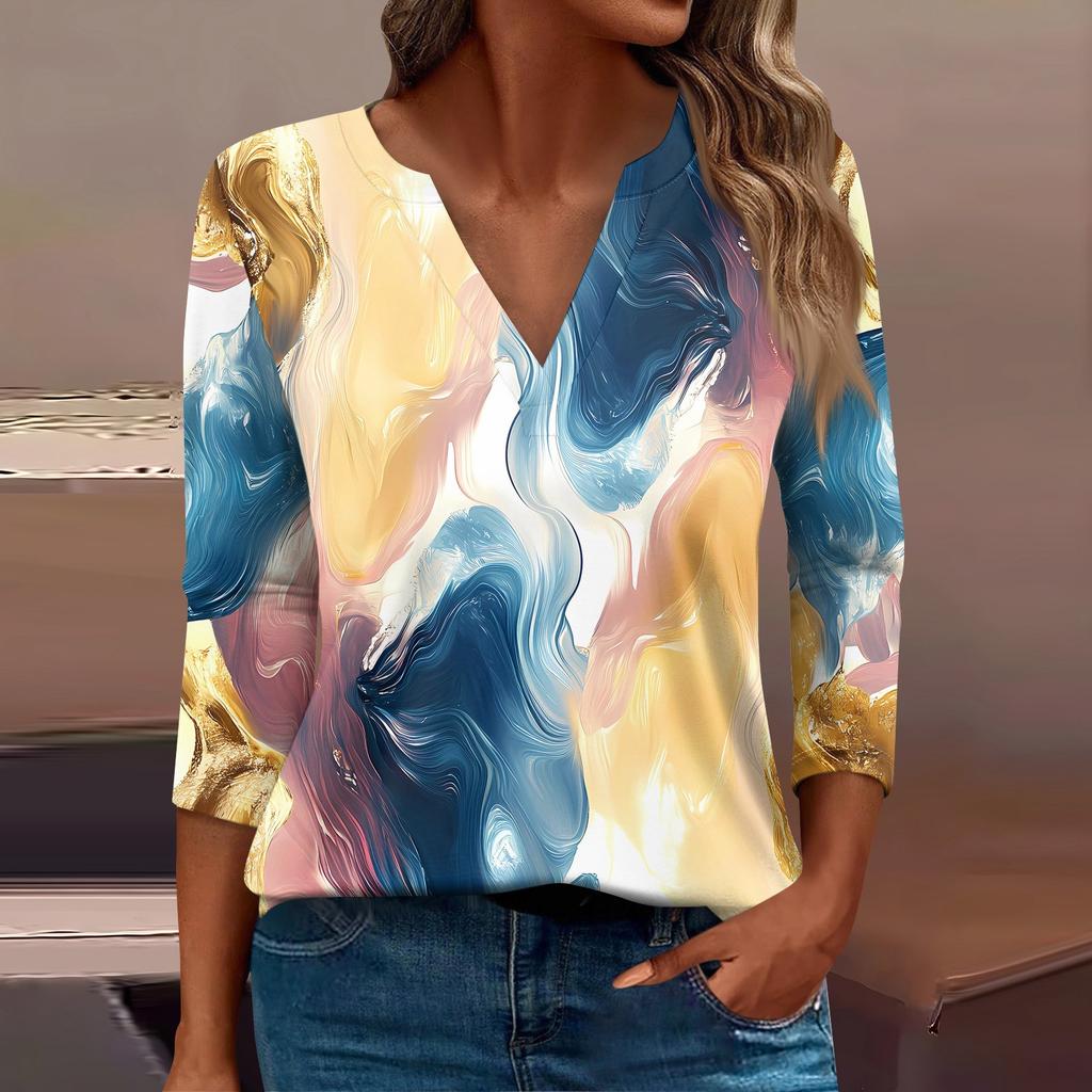 Женская футболка Футболка с принтом Рукав 3/4 Повседневные Выходные Мода Базовый V-образный вырез Обычный топ