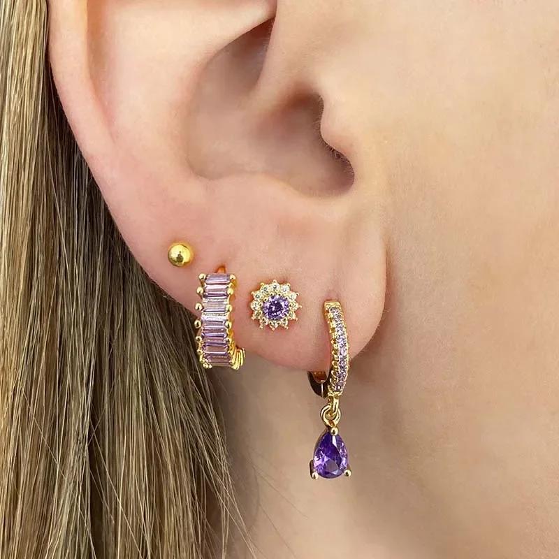 Женские Серьги-кольца из серебра 925 пробы с фиолетовым цирконом и подвеской из фиолетового кристалла Модные Свадебные Украшения