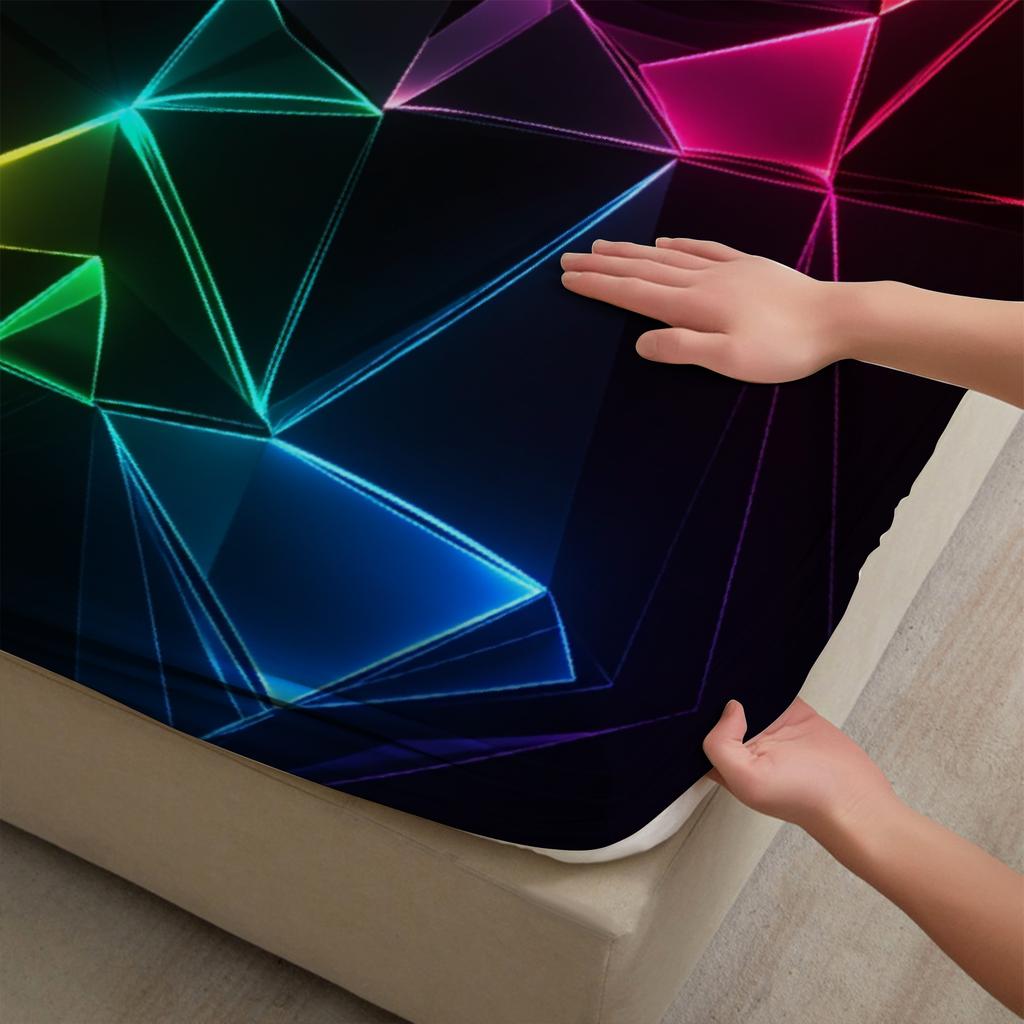 3pcs Geometric Pattern Flat Sheet 3D Printed Neon Colors Fitted Sheet Sets With Pillowcases No Filling Cool Visual For Teen Boys