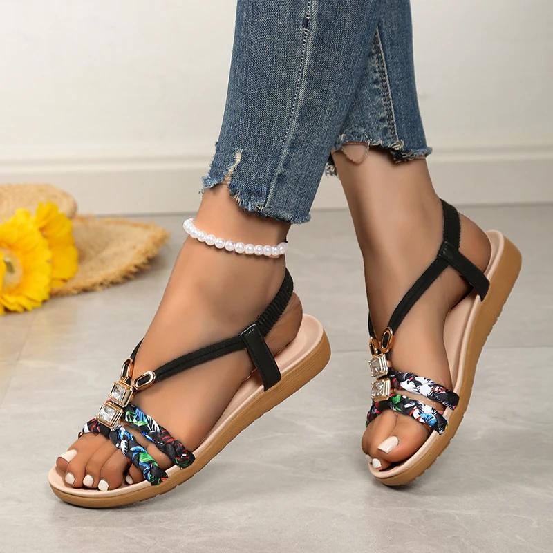Fashion Women's Shoes 2025 Hot Sale Elastic Band Women's Sandals Fashion Printing Casual Sandal Swomen Summer Plus Size Flat Sandals