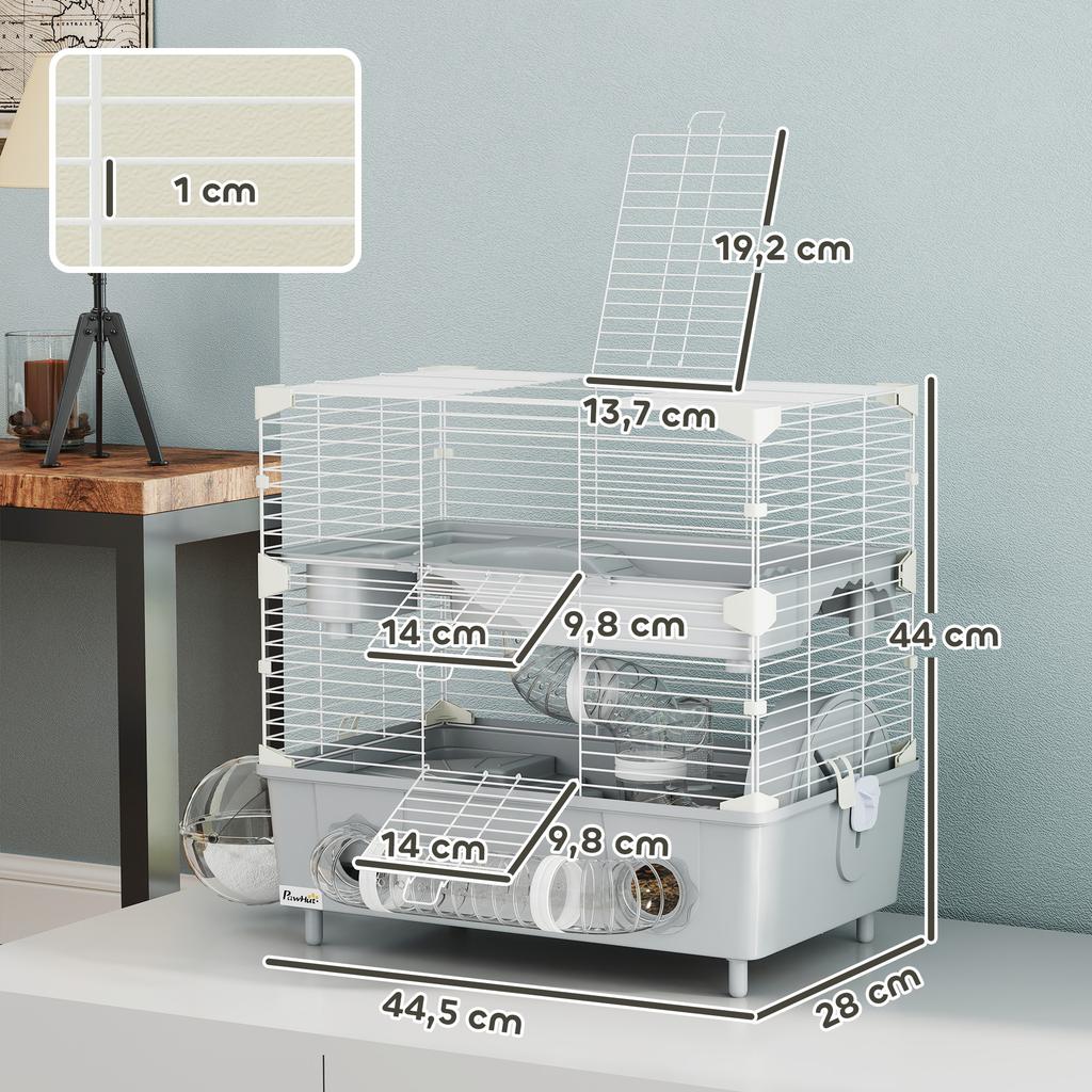 Two-level hamster cage with running wheel and sand bath for dwarf hamsters, 44.5 x 28 x 44 cm, grey