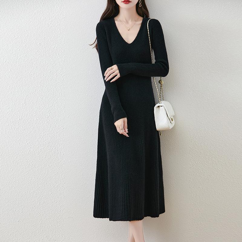 Женское платье-свитер 100% шерсть MODERN NEW SAGA V-образный вырез трикотажный длинный пуловер зимние джемперы шерстяное длинное платье женское