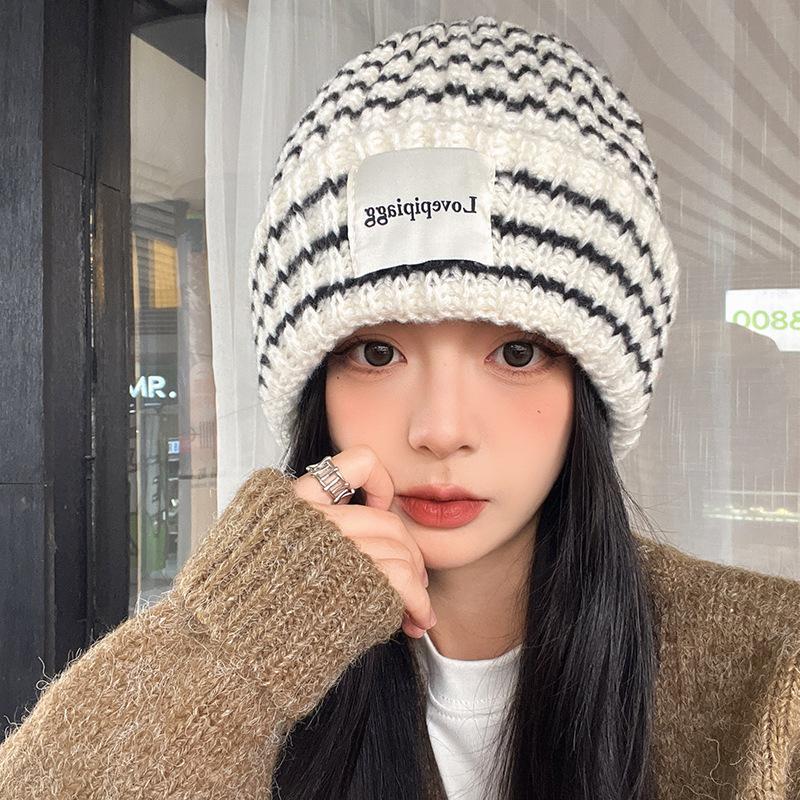 Women's Autumn and Winter Vintage Striped Knit Hat, Large Head Circumference, Face Slimming, Warm Ear Protection, Knitted Cold Weather Hat