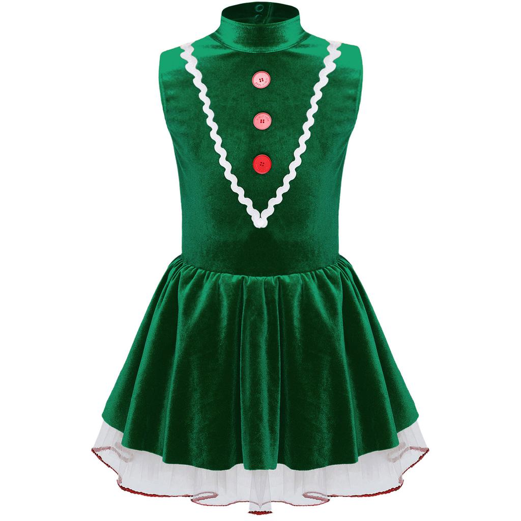 Girls Gingerbread Man Tutu Dress Christmas Costume Sleeveless Hollow Back Velvet Leotard