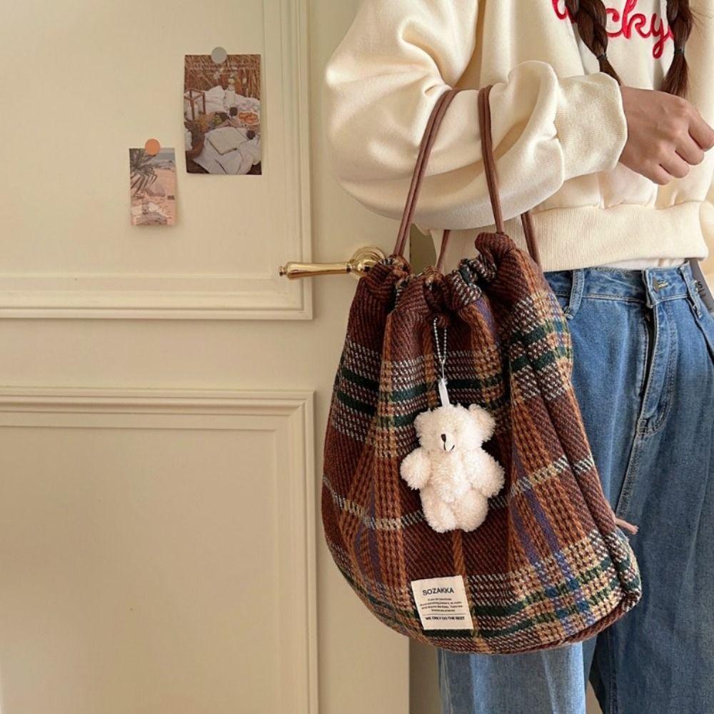 Большая вместимость клетчатая сумка на шнурке в корейском стиле Y2k школьный рюкзак в клетку на шнурке для девочек