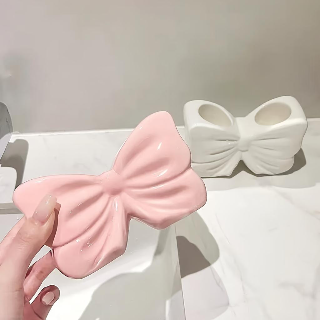 Visually Appealing Ceramic Toothbrush Holder with Bow Design Moisture-Resistant Bathroom Organizer, Freestanding Modern Vanity Decor for Countertop,