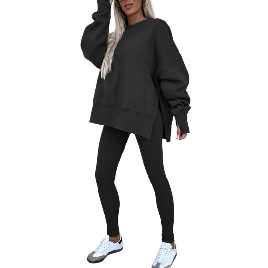 2 шт./комплект женский топ брюки костюм круглый вырез длинный рукав асимметричный подол толстовка эластичный пояс однотонные брюки зимний повседневный спортивный костюм