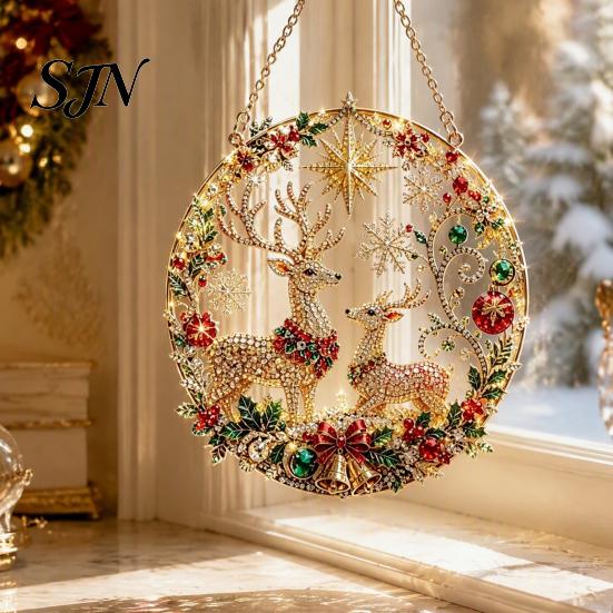 Festive Indoor Winter Ornament Christmas Faux Diamond Art Kit, Santa Angel Sun Catcher DIY Acrylic Sparkling Holiday Home Decor Round