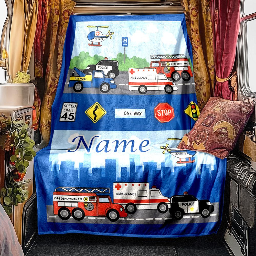 Emergency Vehicles And Cityscape Design Blanketcustomizable With Your Namecomfortable And Stylish Perfect For Travel Beds Chairs Offices Sofas