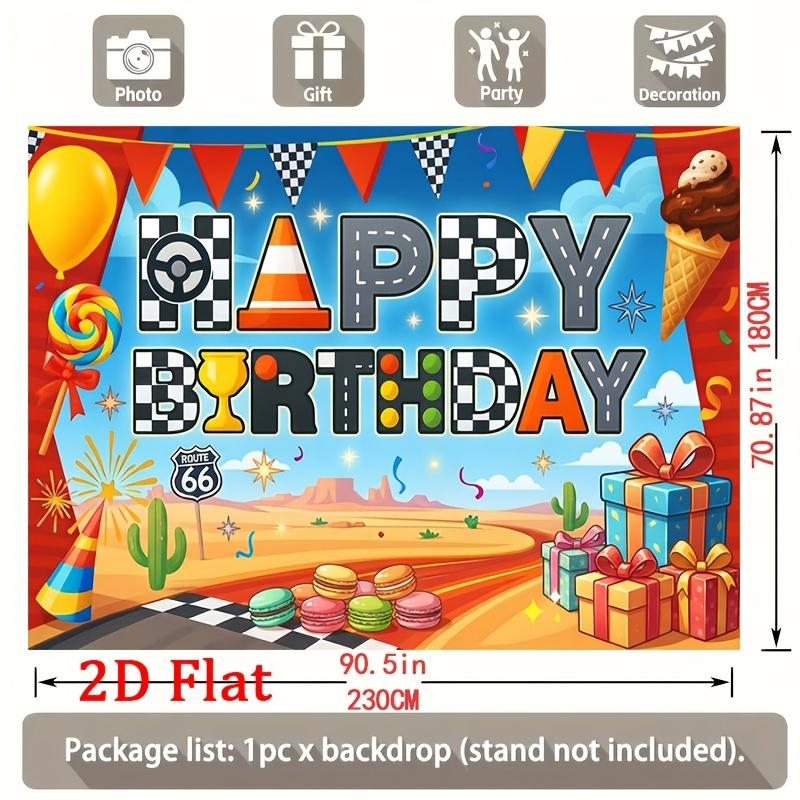 Vibrant Retro Racing-Themed Happy Birthday Banner with Checkered Flags, Traffic Cones, Candy Swirls, Gift Boxes, Cacti and Desert Road
