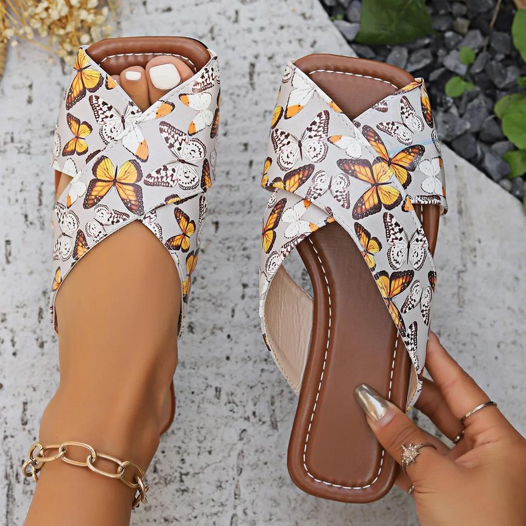 Women's Square Toe Slippers Retro Open Toe Flat Casual Beach Shoes for Women Outdoor Light Women's Slides Shoes Female Sandals
