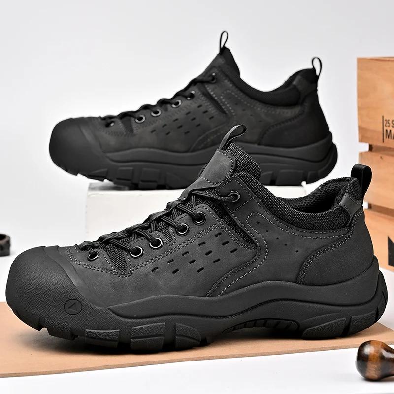 Fashion Men's Hiking Shoes Outdoor Anti Slip Luxury Man Leisure Climbing Shoes Genuine Leather Thick Bottom Fashion Jogging Mens Shoes