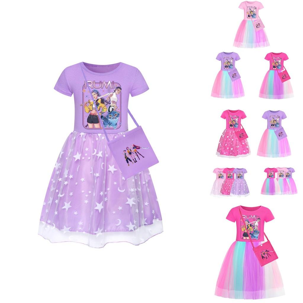 Kpop Demon Hunters Pattern Girl Dress With Cotton Fabric And Pleated Skirt For Kids Girls