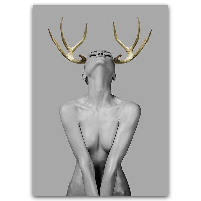 Современный стиль, сексуальная женщина и золотой оленьий рог, холст, живопись, постеры, настенные панно для гостиной, дома, украшение Cuadros