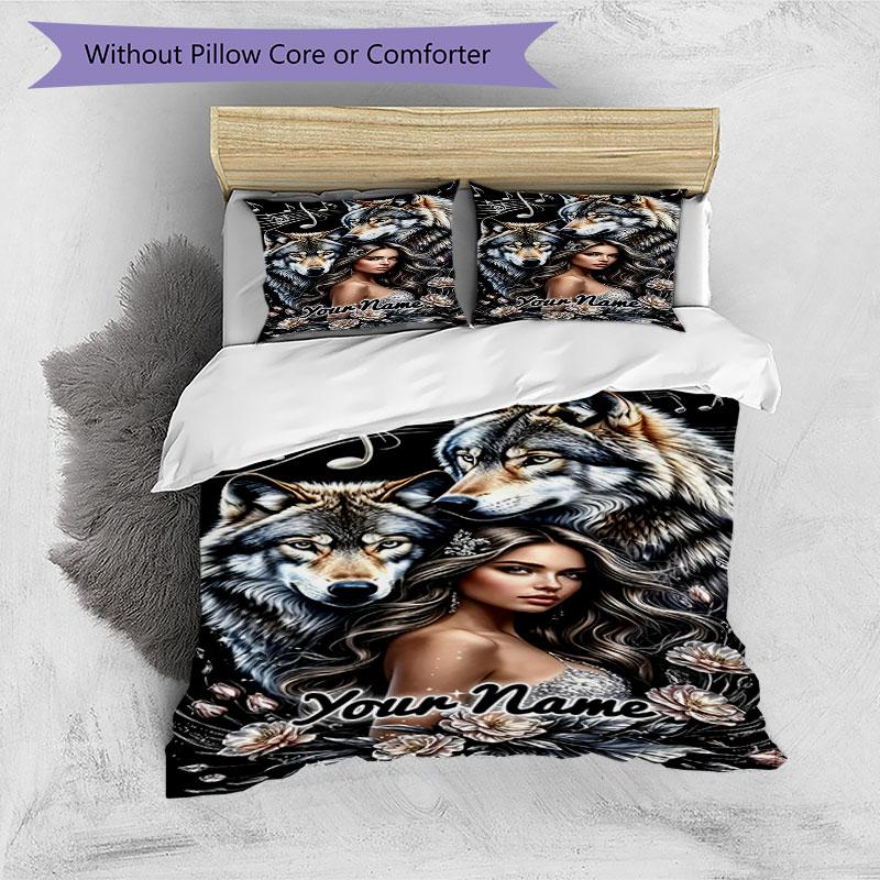 3PC Custom Name Wolf Spirit Connection Bedding Set Printed Bedding Set Duvet Cover Closure Includes 1 Duvet Cover & 2 Pillowcases for All Seasons Bedr