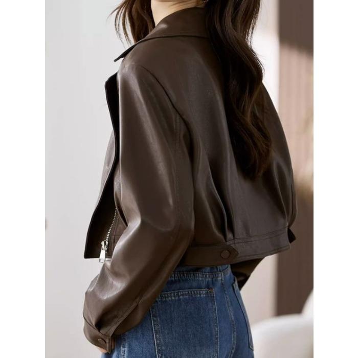 Стильная короткая мотоциклетная куртка кофейного цвета, женская куртка из искусственной кожи с дизайнерским смыслом