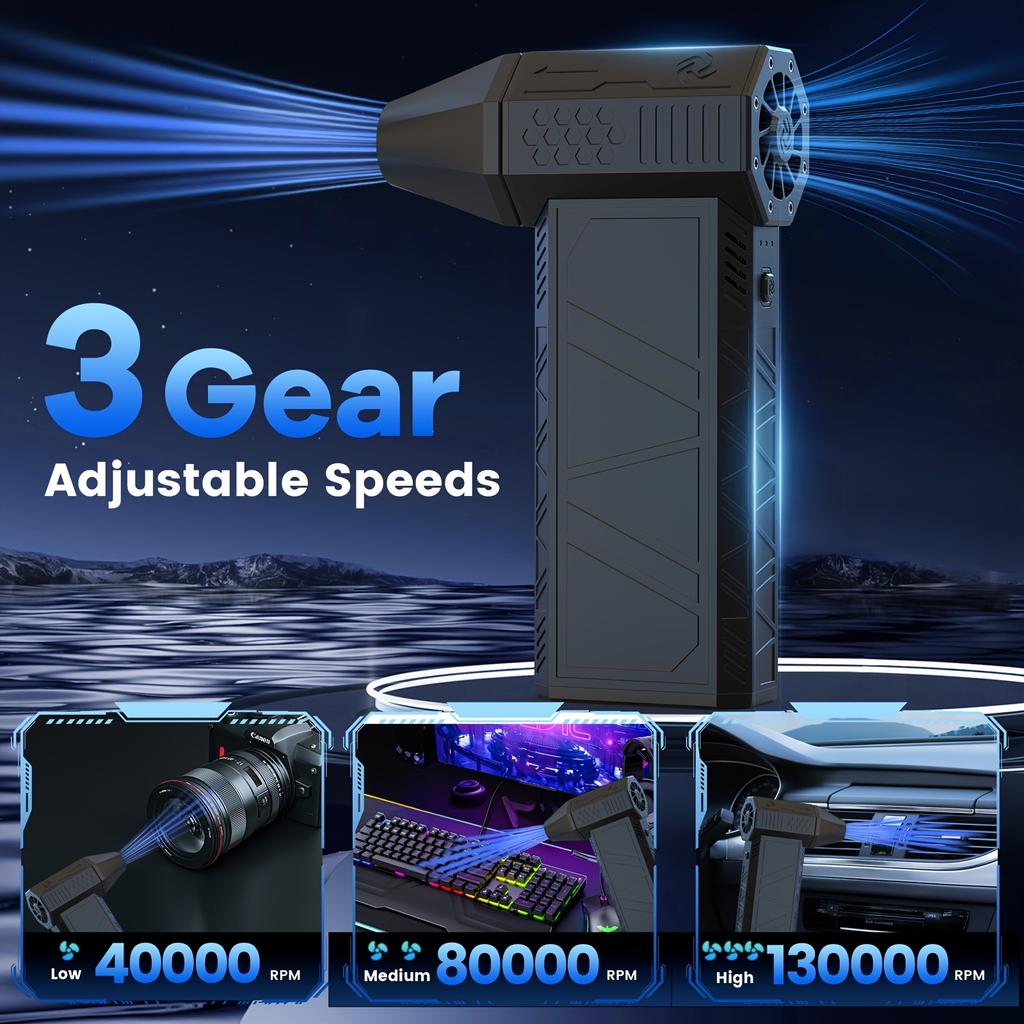 1Pc Black Rechargeable Portable Turbo Jet Fan Vortex Fan 130,000 RPM Powerful Blower with High Speed Air Tube Fan for Automotive, Cleaning,Jet Blower