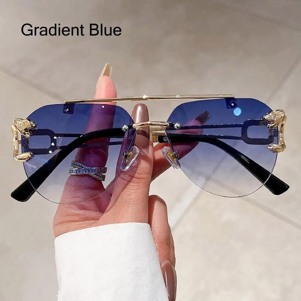 New Rimless Cheetah Decor Sunglasses Gradient UV400 Double Bridge Sun Glasses Shades for Women & Men Lunettes De Soleil Homme