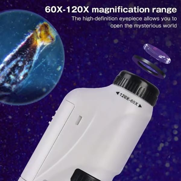 Handheld Microscope Kit 60-120x Pocket Microscope Battery Powered Handheld Mini Microscope LED Light Science Microscop