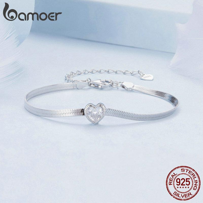 BAMOER 925 Sterling Silver Punk Herringbone Snake Chain Bracelet Heart Blade Chain Link Platinum Plated for Women Fine Jewelry