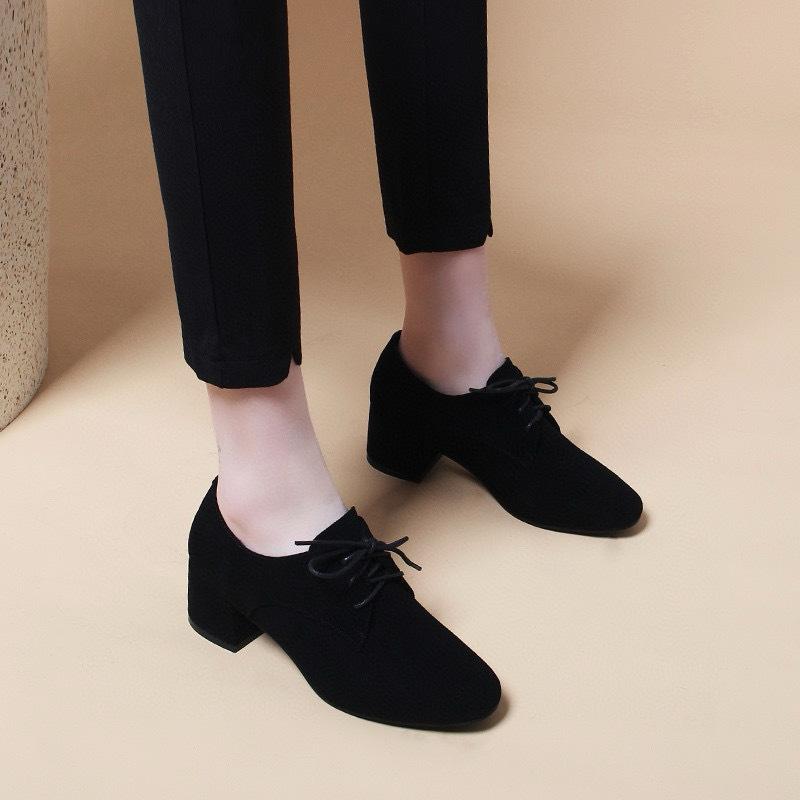 Туфли-лодочки с круглым носком и глубоким вырезом, женские, весенние, новые, на шнуровке, на толстом каблуке, женские, черные, рабочие, женские туфли из овчины