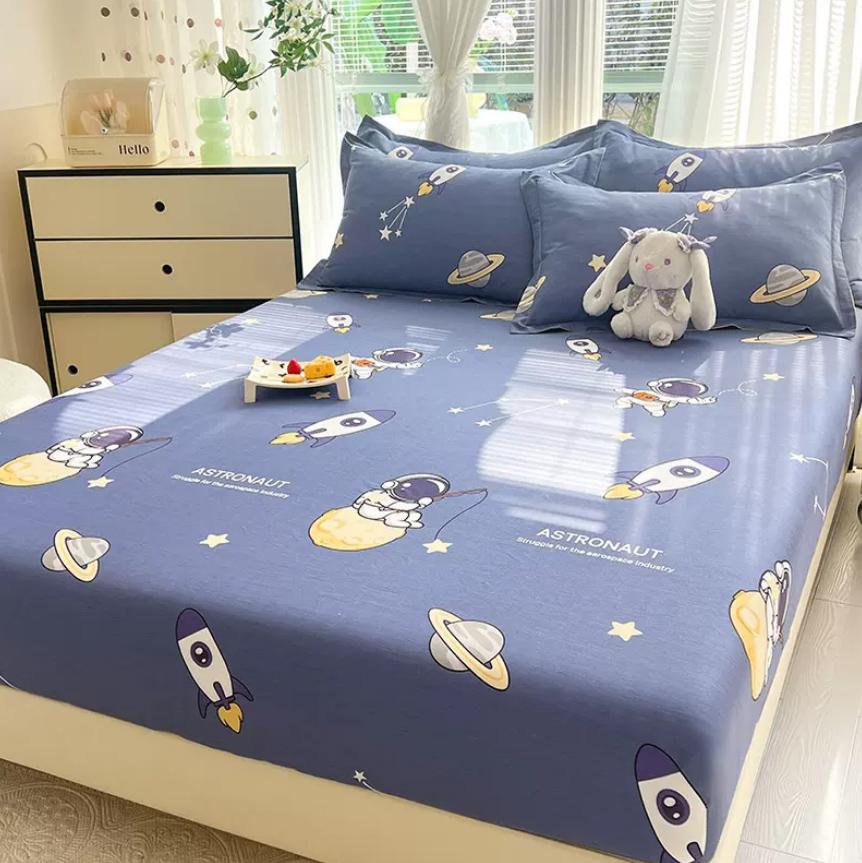 Cartoon Space Animal Printed Fitted Sheet with Elastic Band + 2pcs Pillowcases 100% Cotton Mattress Protector For Kids 16 Sizes