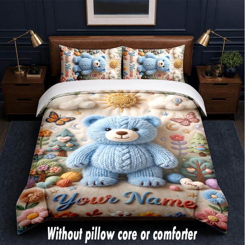 Teddy Bear Theme Custom Text Or Name 3Pcs Bedding Set,1 Flat Sheet & 2 Pillowcases Personalized Home Bedding