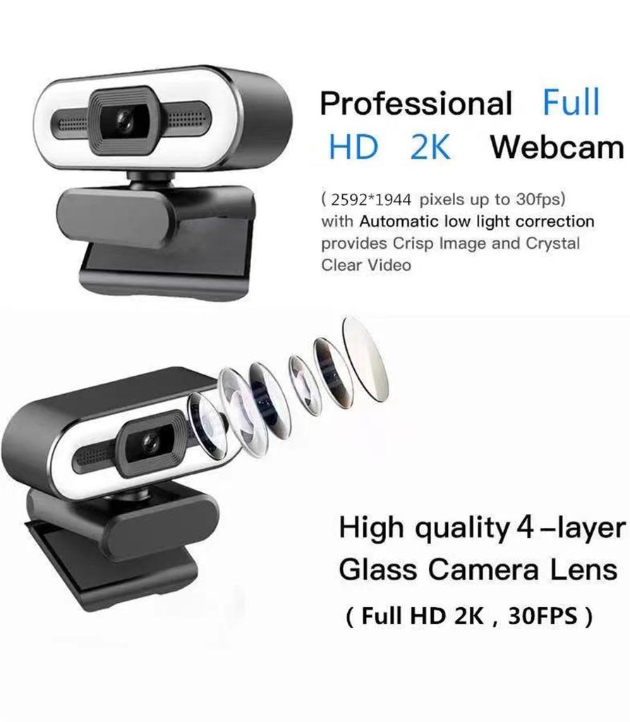 2K Webcam With Mic & Fill Light For Laptop/Pc/Youtube