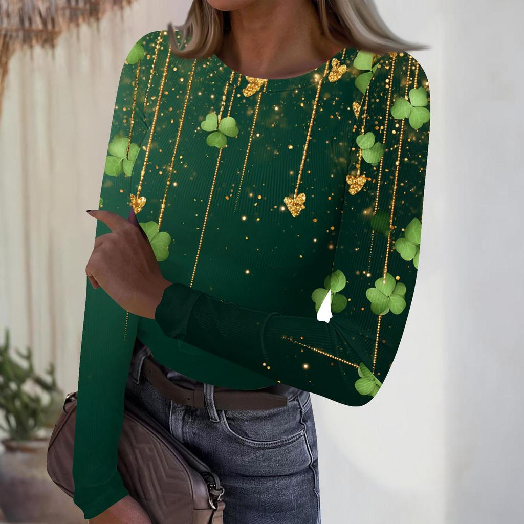 Women's Casual Fashion Round Neck St. Patrick's Day Print Long Sleeve Ribbed Top