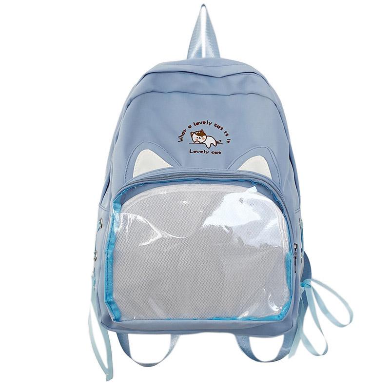 SCIONE New Transparent Schoolbag Large-capacity Contrast Ridge Protection Backpack Two-dimensional Cute Cartoon Cat Backpack