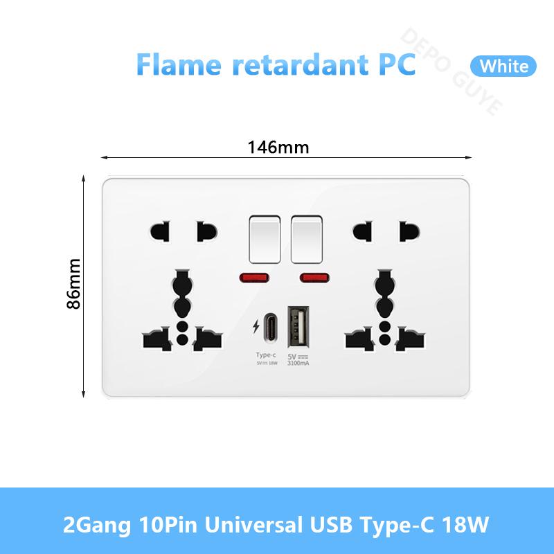 Белая настенная розетка USB стандарта Великобритании 13A, универсальная вилка Type-C для быстрой зарядки мощностью 18 Вт, настенный выключатель света, электрическая розетка