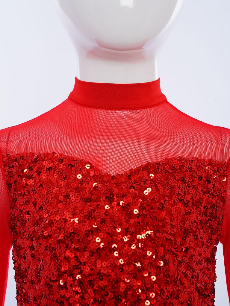 Bell-Bottom Jumpsuit for Girls: Mock Neck Long Sleeve with Sequins Bodice, Sheer Mesh & Back Cutout for Competition